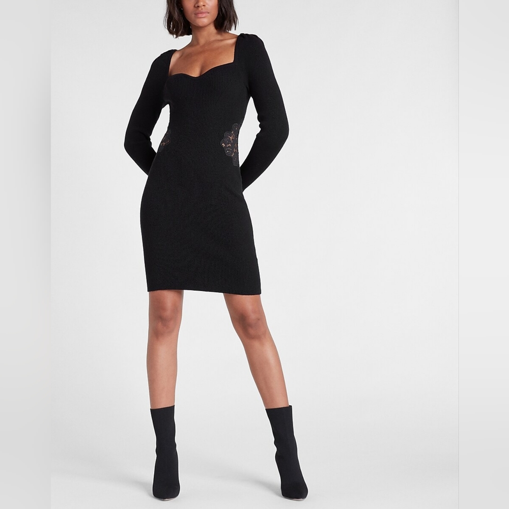 Express - NWT - Puff Shoulder Lace Pieced Body Contour Sweater Dress - Size S